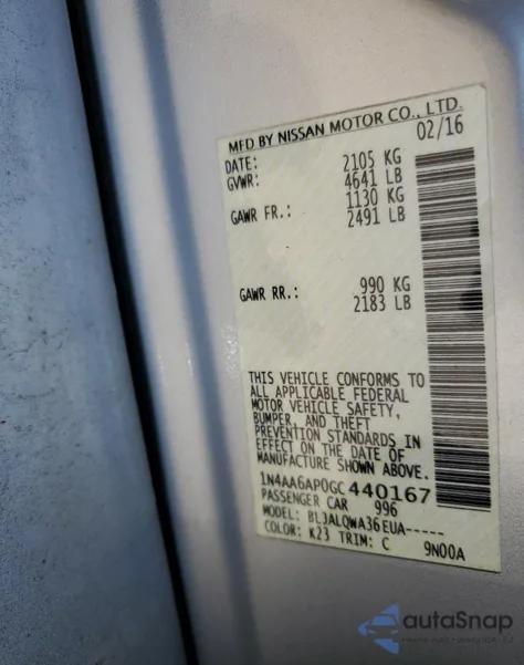 2016 Nissan Maxima 3.5S z USA, uszkodzony, nr VIN 1N4AA6AP0GC440167